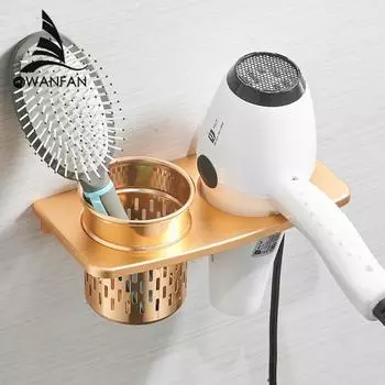Золотой держатель для фена с чашкой для дома, полка для фена, металлическое настенное крепление для ванной комнаты, подставка для фена золотой