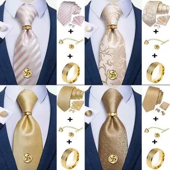Золотой галстук Champin для мужчин, шелковый галстук, носовой платок, запонка, кольцо из сплава и набор булавок для галстука для свадебной вечеринки N-0532