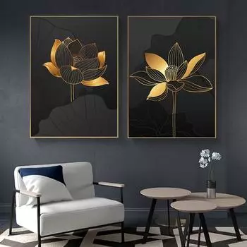 Золотой и черный лотос, новый китайский минималистский абстрактный лист, цветок, настенная живопись на холсте, печать плакатов, изображение для домашнего декора 21*30cm