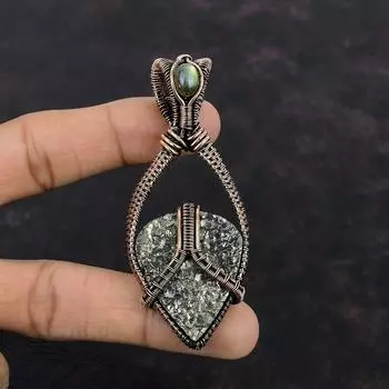 Золотой кулон-друзы, медная проволока, кулон с драгоценным камнем, медные украшения, кулон с лабрадоритом, проволочная пленка, ювелирный подарок для мамы, кулон ручной работы