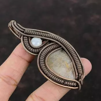 Золотой кулон с рутилом, медная проволока, кулон с драгоценным камнем, ювелирные изделия ручной работы, кулон с радужным лунным камнем, подарок для нее, медные украшения