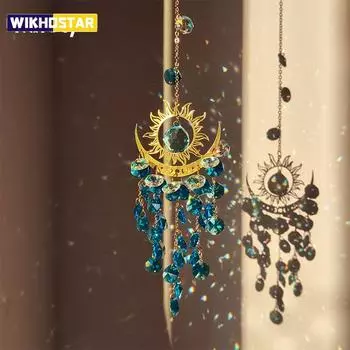 Золотой кулон в виде луны и солнца, мотылька, садовый ловец солнца, колокольчики, хрустальная цепочка, радужная призма для украшения домашнего окна