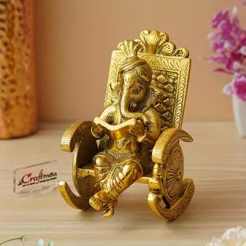 Золотой Металлический Идол Господа Ганеши Ручной Работы, Читающий Книгу в Кресле-Качалке - Идол Бога для Домашнего Декора, Офисного Стола и Кабинета