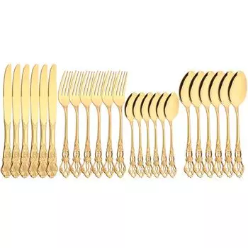 Золотой набор столовой посуды, 24 шт., посуда из нержавеющей стали, роскошный винтажный набор столовых приборов, качественный нож, вилка, чайная ложка, набор столовых приборов серебряный