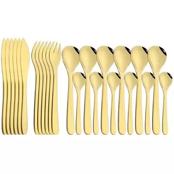 Золотой набор столовых приборов из 24 предметов из нержавеющей стали 304, каплевидные чайные ложки, столовая посуда, кухонный нож, вилка, ложки, чайная ложка, посуда серебряный