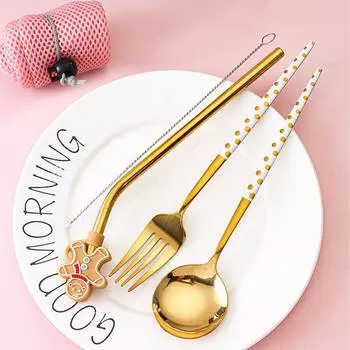 Золотой набор столовых приборов из нержавеющей стали Вилка для стейка Кофейная ложка Чайная ложка соломинка Столовые приборы Можно мыть в посудомоечной машине Кухонная посуда