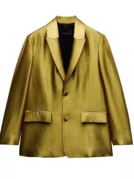 Золотой пиджак для женщин, осеннее женское повседневное пальто с лацканами и длинными рукавами, свободная блестящая однобортная верхняя одежда, уличная одежда XS золотистый