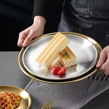 Золотой поднос для хранения из нержавеющей стали, роскошная латунная золотая круглая тарелка, фруктовый торт, стейк, закуска, кухонная металлическая посуда для хранения, блюдо 14cm