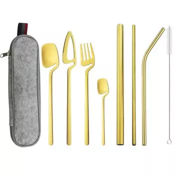 Золотой портативный набор столовой посуды, уникальный дизайн, многоразовые туристические столовые приборы для кемпинга, набор столовых приборов с прямой соломинкой 215/12/6 серебряный