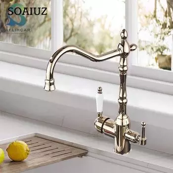Золотой роскошный кухонный кран для мойки с чистой водой, две керамические ручки, очистка воды, смесители для горячей и холодной воды, монтируемые на палубе