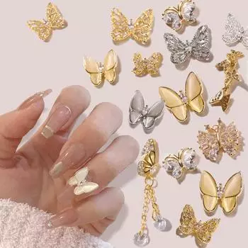 Золотой серебряный сплав, украшение для ногтей, бабочка, кисточка, цепочки со стразами, украшения для ногтей