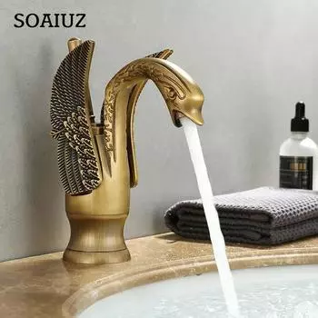 Золотой смеситель для раковины, крепление на палубу, раковина, короткие смесители в форме лебедя, раковина с одной ручкой, смеситель для горячей и холодной воды Antique Short