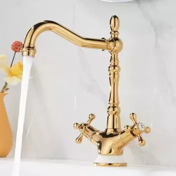 Золотой смеситель для ванной комнаты, латунный керамический хромированный смеситель для раковины, смеситель для холодной и горячей воды, кран для раковины с двумя ручками, устанавливаемый на бортик