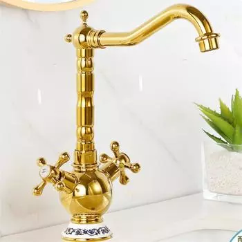 Золотой смеситель для ванной комнаты, латунный керамический антикварный смеситель для раковины, смеситель для холодной и горячей воды, кран для раковины с двумя ручками, устанавливаемый на бортик