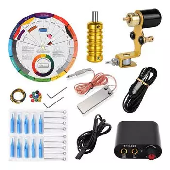 Золотой стартовый набор для обучения тату-машинке Аксессуары Резиновая лента Игольчатая подушечка Цветовое колесо Крючок Леска EU plug золотой