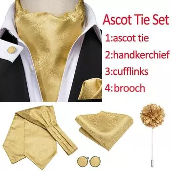 Золотой свадебный галстук Hi-Tie Ascot с нагрудными квадратными запонками, брошь, набор галстуков с узором пейсли для мужчин AS-1006
