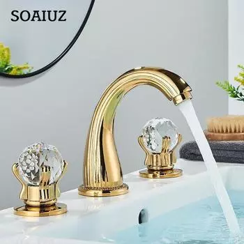 Золотой водопад для ванной комнаты, кран для воды, кран для горячей и холодной воды, кран на столешнице, хрустальная ручка, высокое качество, латунь gold