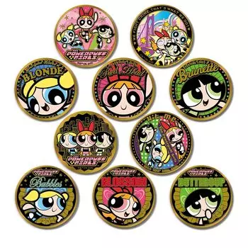 Золотой значок Tenyo Overwhelming Powerpuff Girls 1 набор в коробке с 24-каратным золотым покрытием Диаметр значка [Продано 10] BKB-S05 Приблизительно. 5.6cm розовый
