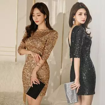 Платье с золотыми пайетками, женское, роскошное, осеннее, модное, сексуальное, с открытой спиной, с рукавами миди, облегающее, элегантное, выпускное, черное, с пайетками, обтягивающее платье S чёрный