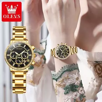 Золотые часы для женщин, роскошные, с календарем, неделей, светящиеся, многофункциональные, из нержавеющей стали, наручные часы, элегантные, кварцевые, женские часы с подарочной коробкой серебряный