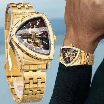 Золотые часы из нержавеющей стали, панк-дизайн, мужские наручные часы, треугольные скелетонированные прозрачные автоматические механические часы чёрный/золотой