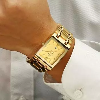 Золотые часы, мужские квадратные мужские часы, лучший бренд класса люкс, золотые кварцевые водонепроницаемые наручные часы из нержавеющей стали белый