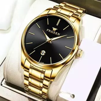 Золотые часы, мужские кварцевые часы из нержавеющей стали, ультратонкие водонепроницаемые светящиеся календарные часы, простые деловые наручные часы золотой