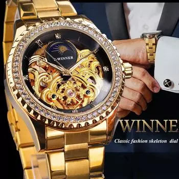 Золотые часы-скелетоны для мужчин, механические мужские часы с бриллиантовым безелем, роскошные автоматические наручные часы со стальным ремешком золотой