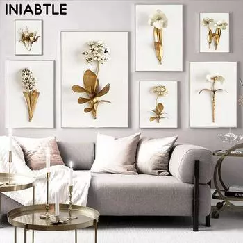 Золотые цветы листья растения стены книги по искусству печать плакатов холст картины скандинавский стиль настенные панно Современная гостиная украшения дома 21cm30cm NoFrame