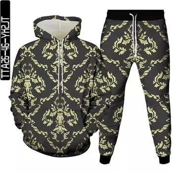 Золотые цветы, мужские повседневные комплекты одежды с 3D принтом, роскошные королевские осенние женские толстовки в стиле Харадзюку + брюки, спортивный костюм из 2 предметов, размер S-6X 6XL