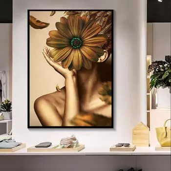 Золотые цветы, современная обнаженная женщина, картина маслом на холсте, постеры и принты, настенные художественные картины Cuadros для гостиной, домашний декор 20x30cm
