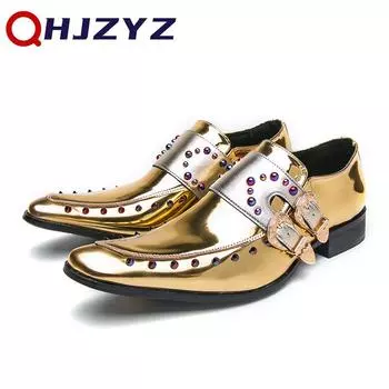 Золотые двойные пряжки свадебные мужские туфли дизайнерские мокасины заклепки дышащие мужские деловые туфли ручной работы Zapatillas Hombre 35 золотой