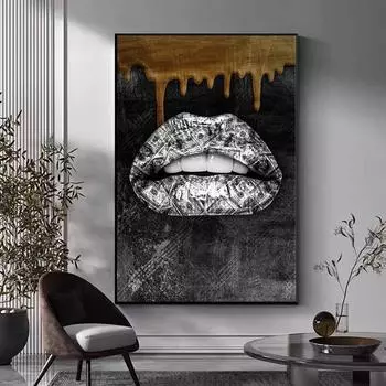 Золотые губы, холст, картина, граффити, стильный постер, доллар, художественные принты, настенные украшения для спальни, фрески для современного домашнего декора, эстетика 21cm30cm NoFrame