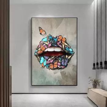 Золотые губы и бабочка граффити холст печать современный скандинавский настенный постер для декора гостиной 20x30cm