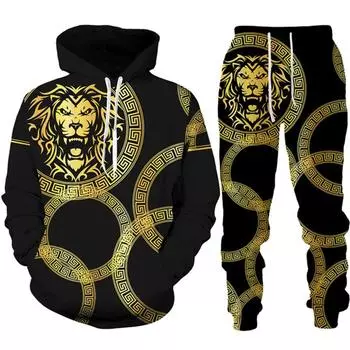 Золотые костюмы с капюшоном с 3d принтом животных, осенне-зимние мужские и женские свободные комплекты, винтажный спортивный костюм, унисекс, толстовка с капюшоном + брюки, комплект из двух предметов S