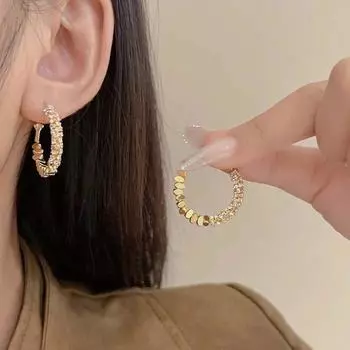 Золотые круглые фрагментированные металлические серьги с цирконием для женских модных индивидуальных универсальных стильных сережек