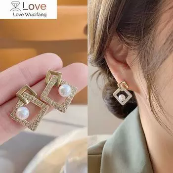 Золотые квадратные серьги-капли с вырезом, модные геометрические серьги со стразами и жемчугом, женские свадебные украшения