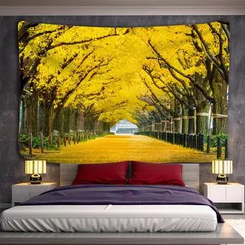 Золотые листья, растительный пейзаж, гобелен, пейзаж, настенное покрывало, накидка, богемный пляжный коврик, скатерти, домашний декор 95x70cm