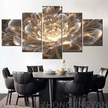 Золотые лучи в рамке, фрактальный цветок, 5 шт., настенное искусство, холст с принтом, постеры, картины, живопись для гостиной, домашний декор, фотографии 20x35 20x45 20x55cm