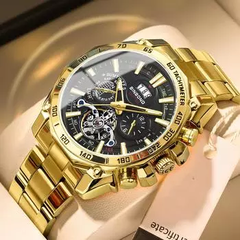 Золотые мужские часы, светящиеся модные мужские кварцевые часы из нержавеющей стали с календарем чёрный/золотой