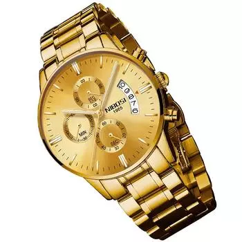 Золотые наручные часы с большим циферблатом, хронографом, деловые, аналоговые, стильные, повседневные, с металлическим ремешком, из нержавеющей стали, с датой, флуоресцентные, роскошные, настоящие часы для