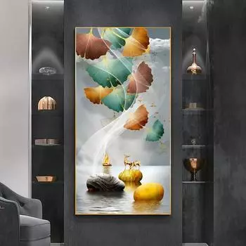 Золотые плакаты с гинкго, абстрактная входная картина, лист, олень, печать на холсте, настенные художественные картины для гостиной, современный домашний декор 20cm40cm NoFrame