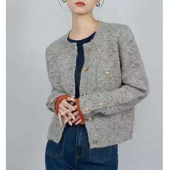 Золотые пуговицы серый женский вязаный кардиган простой O-образный вырез длинный рукав свитер пальто осень весна офис леди элегантный трикотаж XXL серый