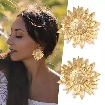 Золотые серьги-цветы Ретро Металлические Подсолнухи Большие серьги Женские золотые серьги Цветочные украшения в стиле бохо