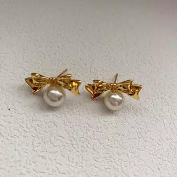 Золотые серьги-гвоздики с жемчугом и бантом, дизайн, элитный, легкий, роскошный, темперамент, сладкие серьги, красивые серьги