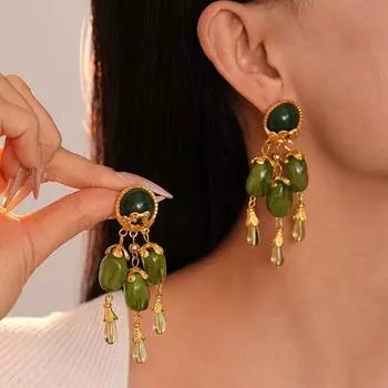 Золотые серьги из смолы с отделкой, изысканные женские украшения для ушей, покачивающиеся зеленые серьги-капли для женщин зелёный/золотой