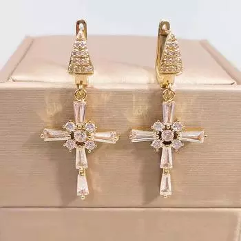 Золотые серьги-капли с крестиком для женщин, новинка 2024 года, модные серьги с кубическим цирконием, модные вечерние ювелирные аксессуары золотой