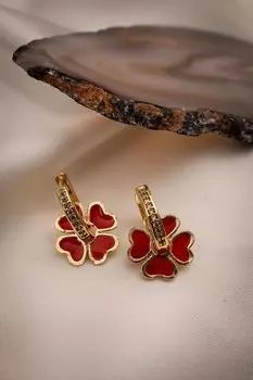 Золотые серьги-кольца с подвеской-цветком из красной эмали