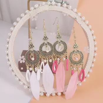 Золотые серьги-перья, бисерные серьги в этническом стиле, длинные висячие серьги с кисточками для женщин в стиле ретро белый