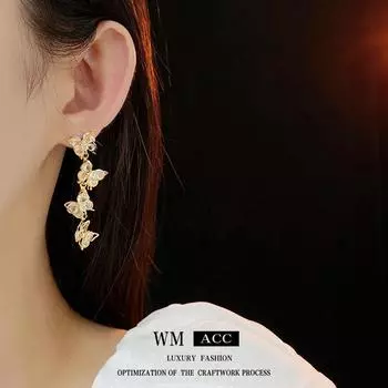 Золотые серьги с цирконием, легкие роскошные длинные серьги-бабочки с кисточками, серебряные серьги-иглы, модные универсальные серьги высокого класса золотой